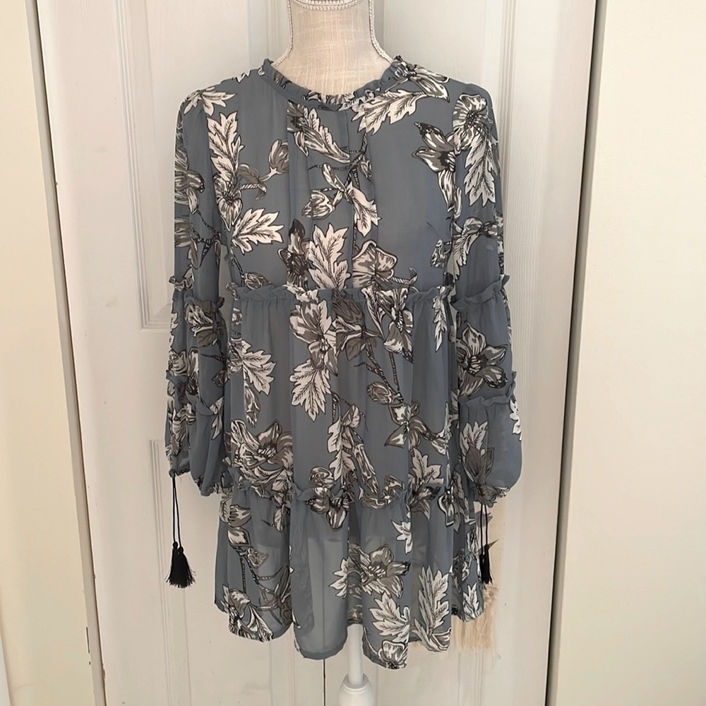 Free People Home Made Blue Floral Tunic Top
